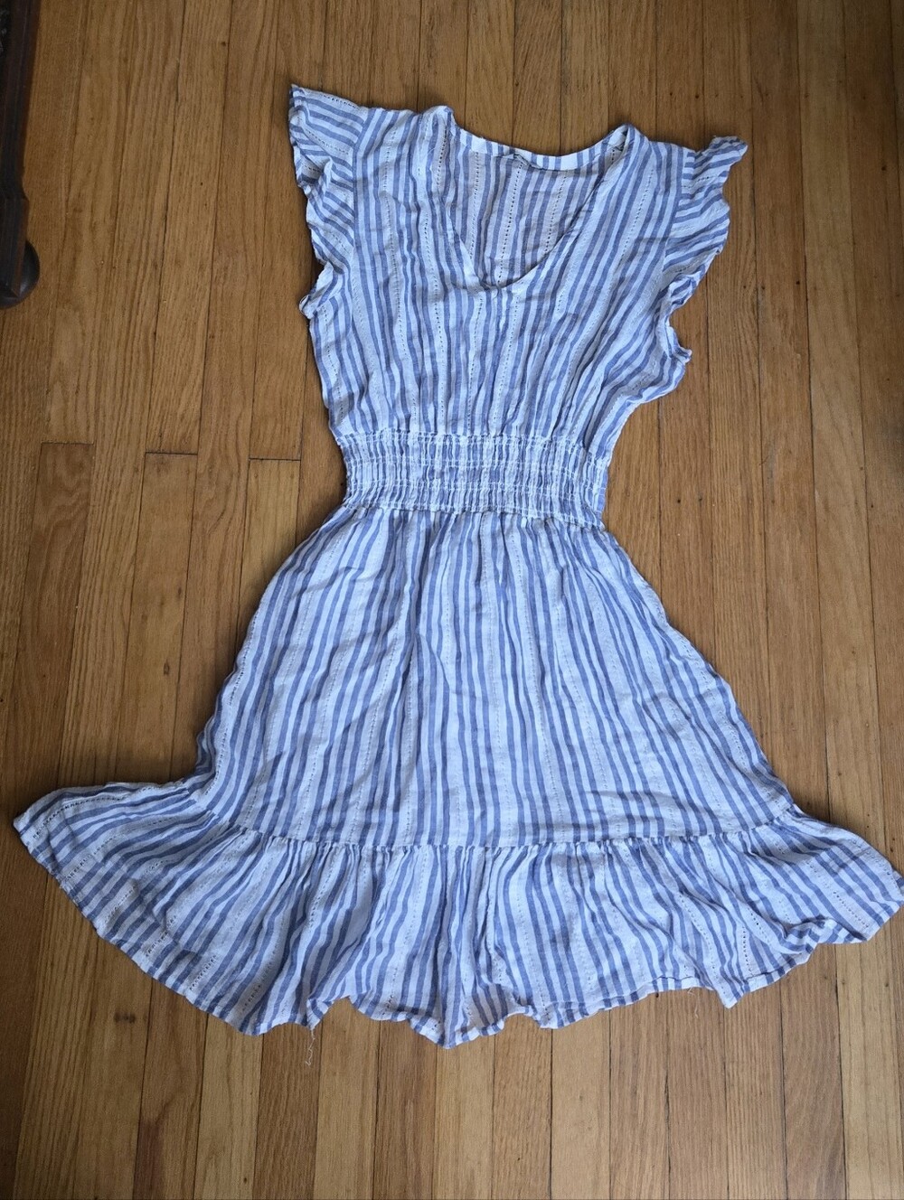 Rails Tara Catalina Stripe Flutter Sleeve Dress Blue White Linen M Summer Airy